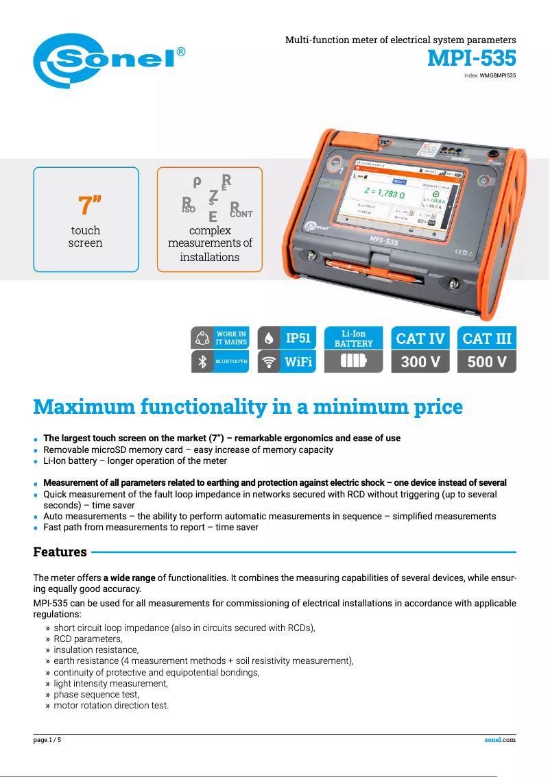 Page 1 de la notice Fiche technique Sonel MPI-535