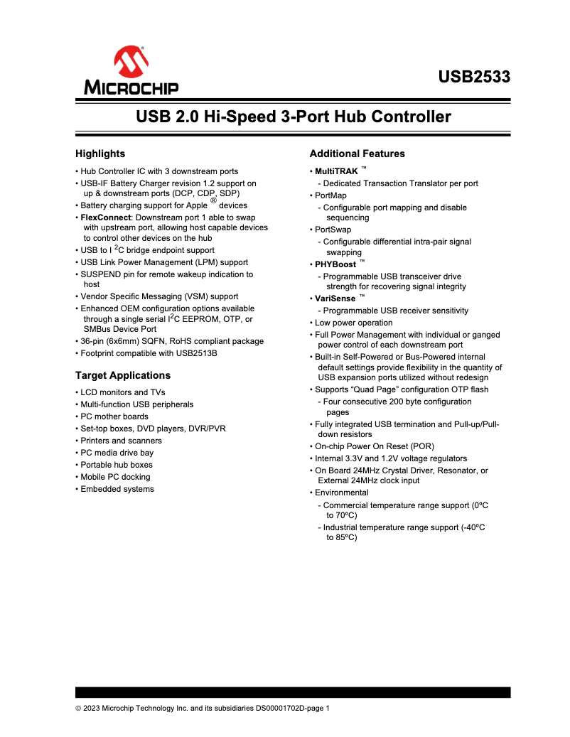 Page 1 de la notice Fiche technique Microchip USB2533