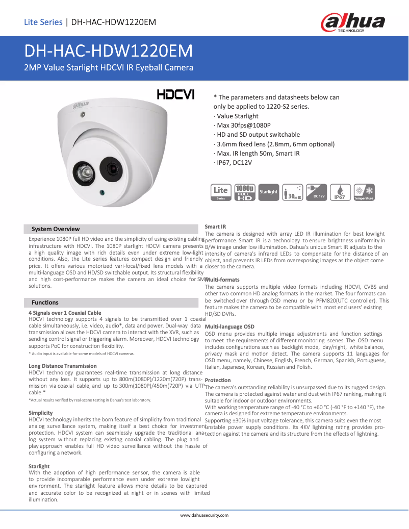 Page n°1 - Fiche technique Dahua Technology HAC-HDW1220EM