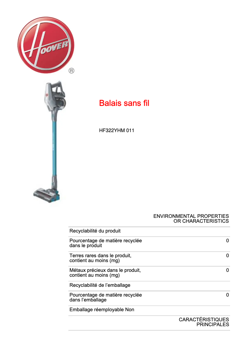 Page 1 de la notice Fiche technique Hoover H-FREE 300 HYDRO
