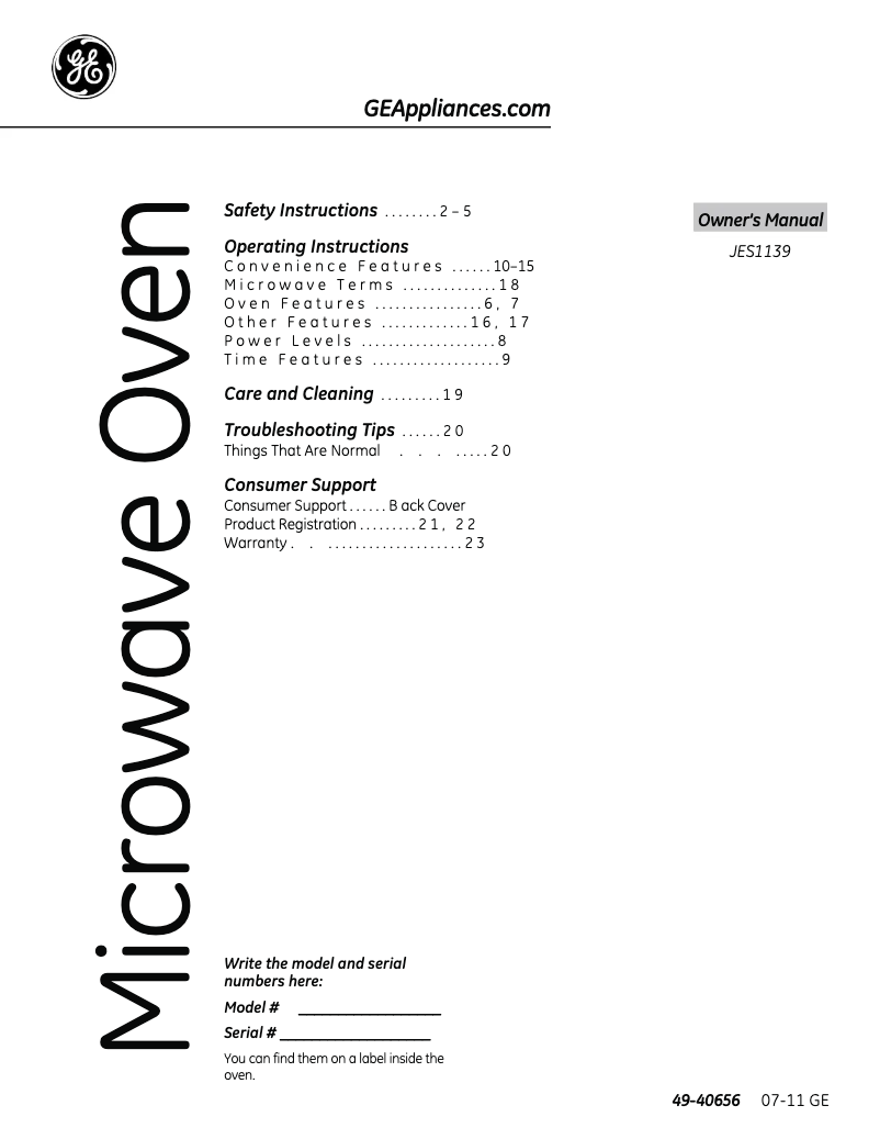 Page 1 de la notice Manuel utilisateur GE JES1139DSWW
