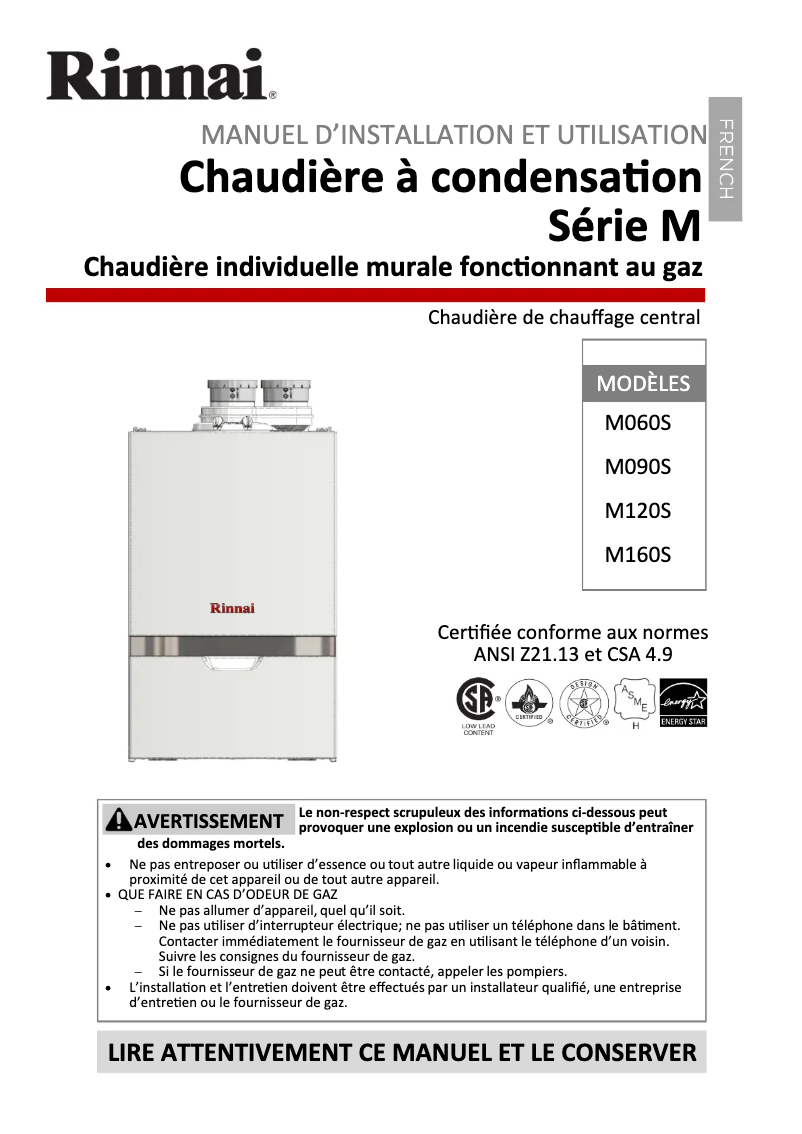 Page 1 de la notice Guide d'installation Rinnai M160SN