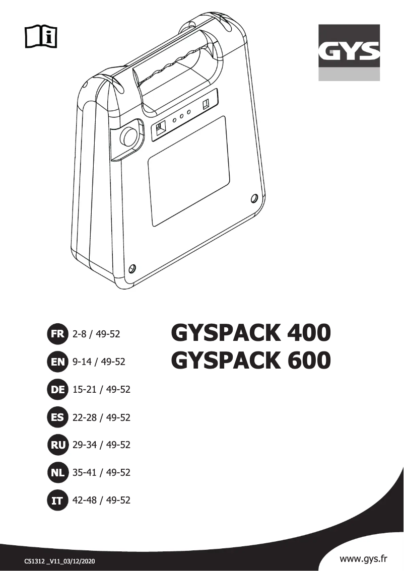 Page n°1 - Manuel utilisateur GYS Gyspack 600