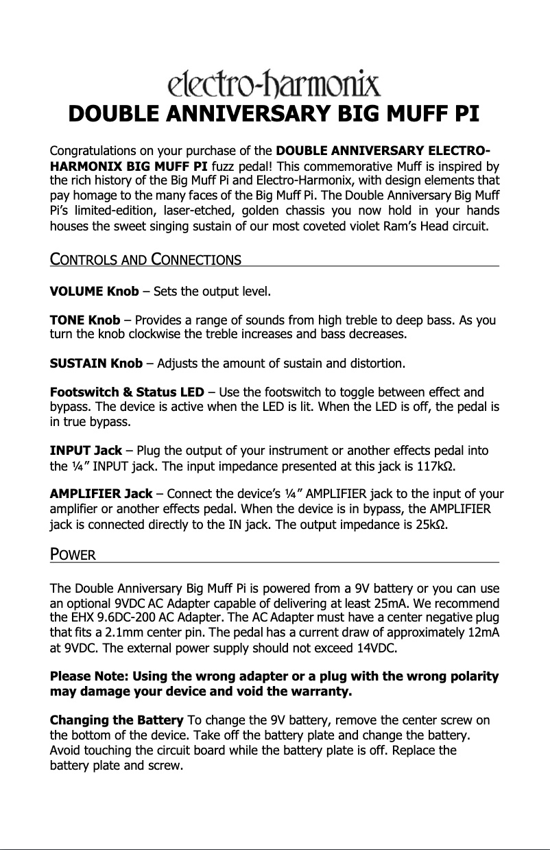 Page 1 de la notice Manuel utilisateur Electro Harmonix Anniversary Big Muff Pi
