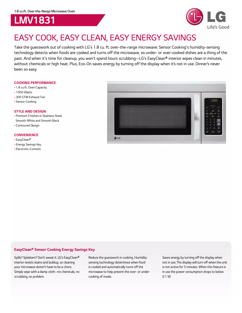 Page 1 de la notice Fiche technique LG LMV1831BD