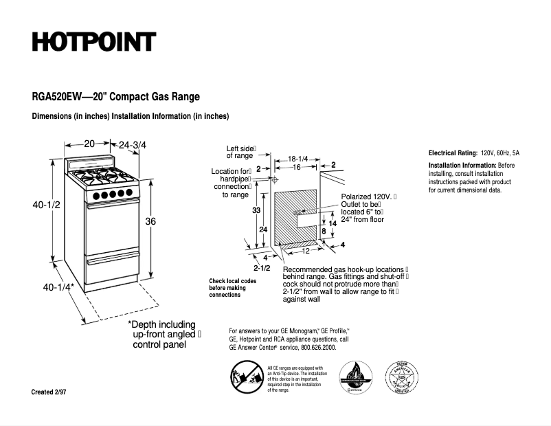 Página 1 del manual Ficha técnica Hotpoint RGA520EW