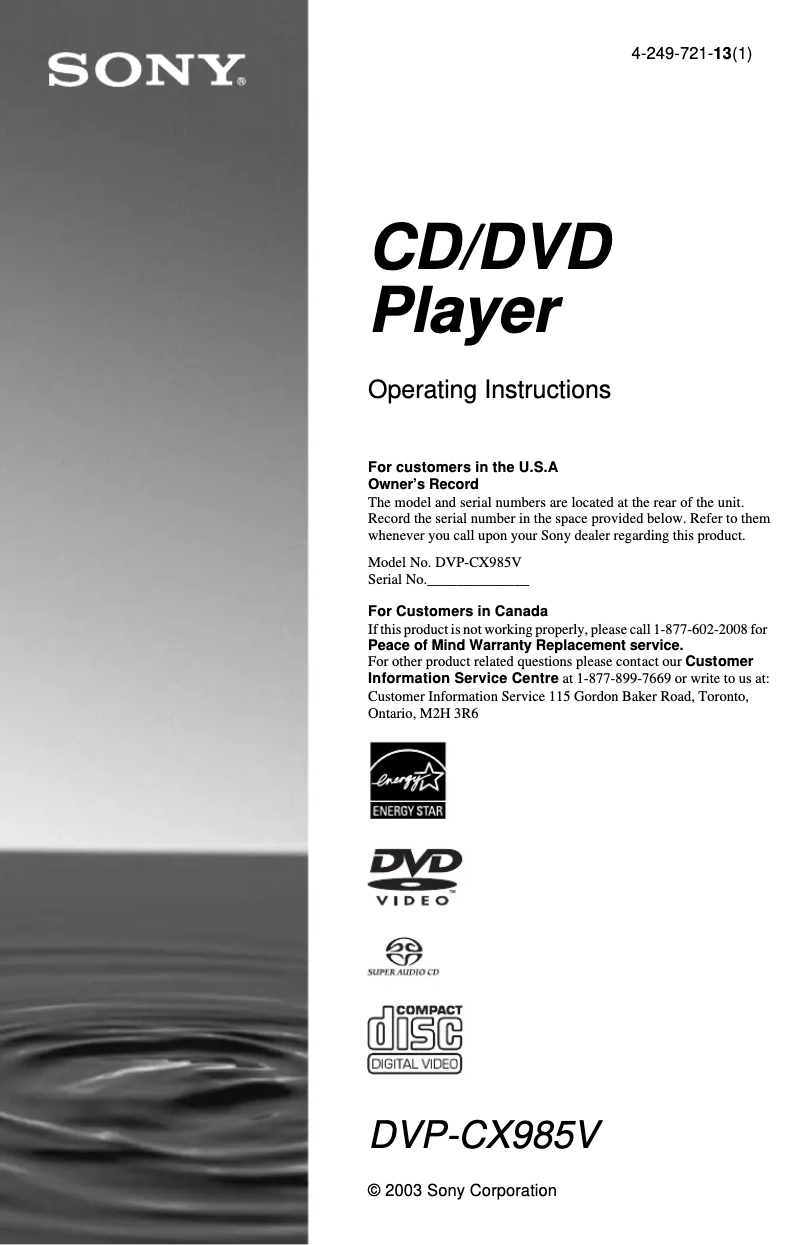 Page n°1 - Manuel utilisateur Sony DVP-CX985V