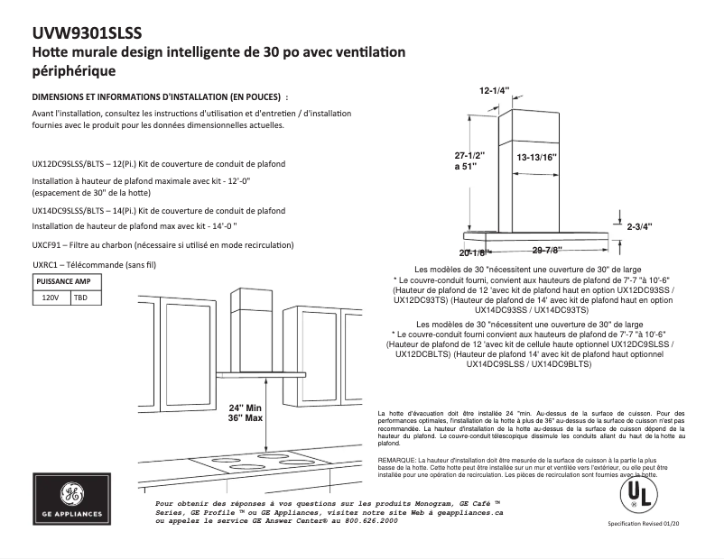Page 1 de la notice Fiche technique Monogram UVW9301SLSS