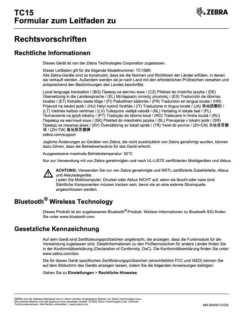 Page 1 de la notice Manuel utilisateur Zebra TC15