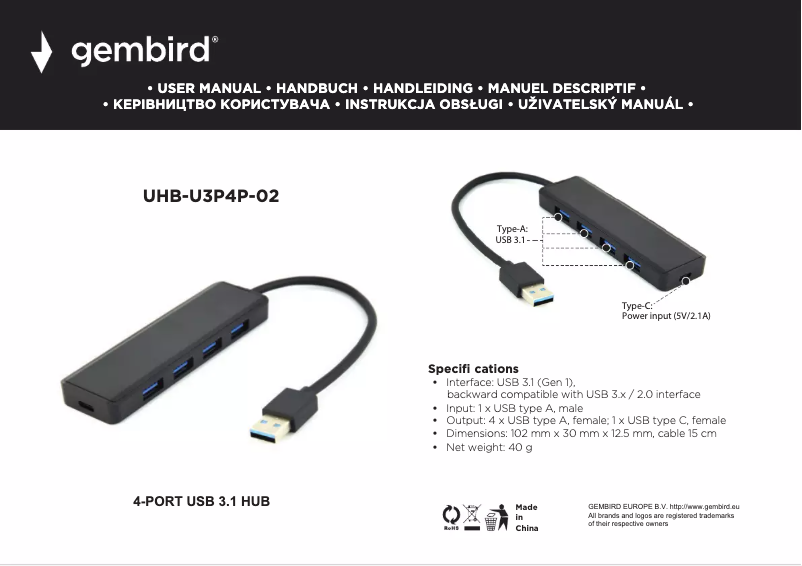 Page 1 de la notice Manuel utilisateur Gembird UHB-U3P4P-02