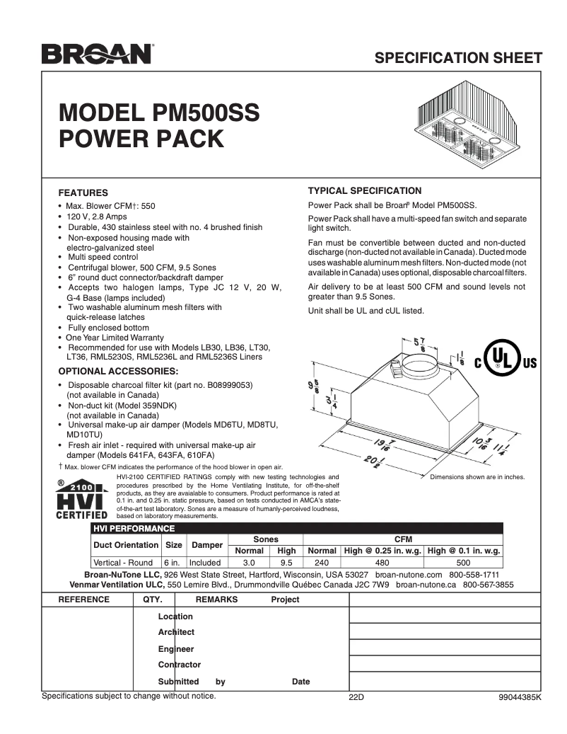 Page 1 de la notice Fiche technique Broan PM500SS