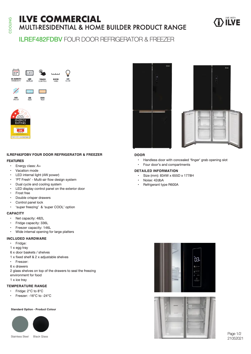 Page 1 de la notice Fiche technique Ilve ILREF482FDBV