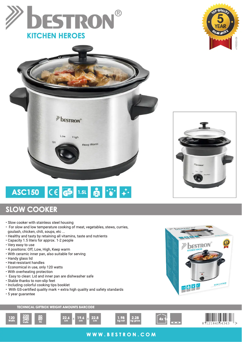 Página 1 del manual Ficha técnica Bestron ASC150
