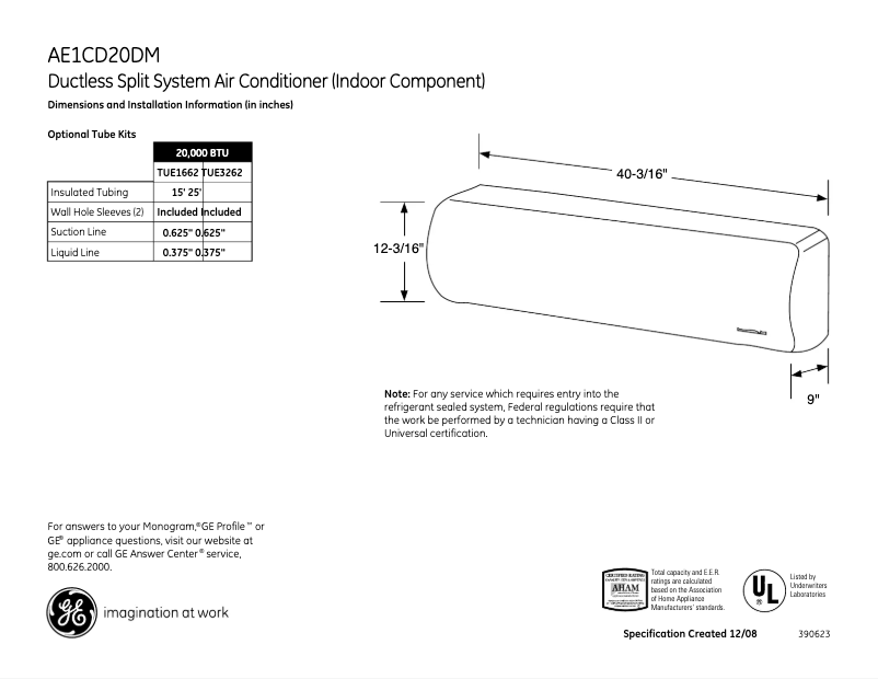 Page n°1 - Fiche technique GE AE1CD20DM