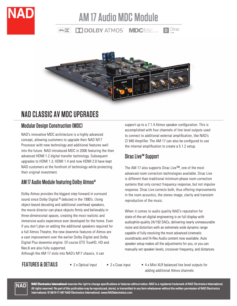 Page 1 de la notice Fiche technique NAD AM 17