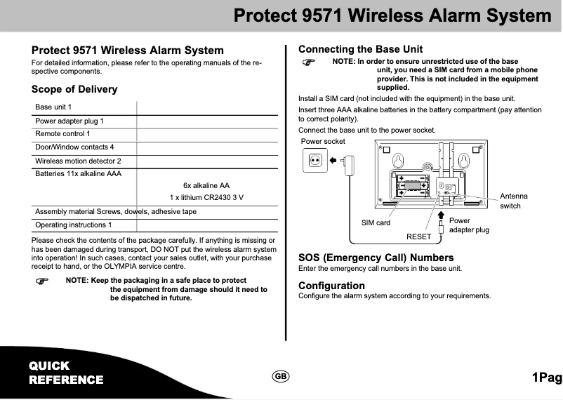 Page n°1 - Manuel utilisateur Olympia Protect 9571