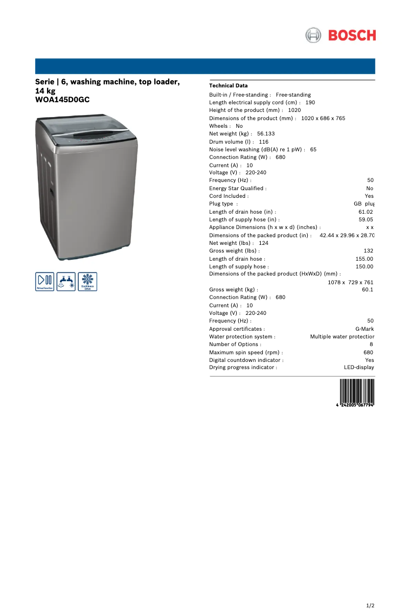 Page n°1 - Fiche technique Bosch WOA145D0GC
