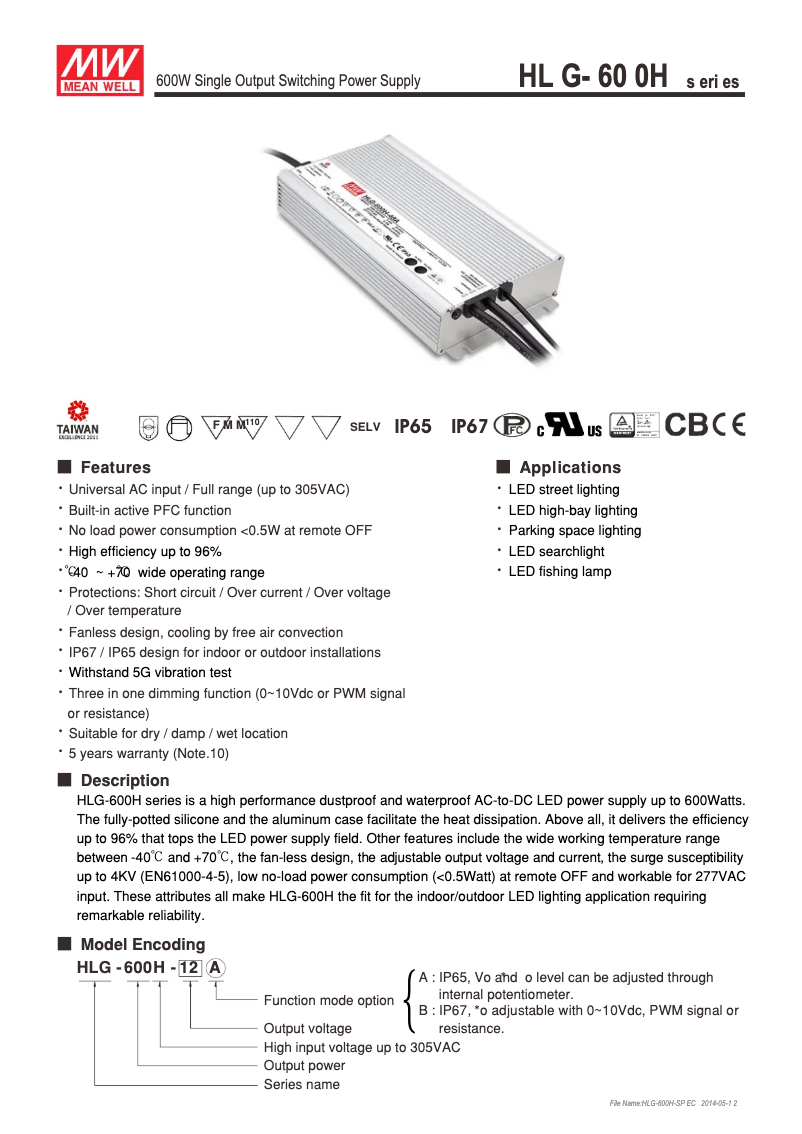 Page 1 de la notice Mode d'emploi Mean Well HLG-600H-24A