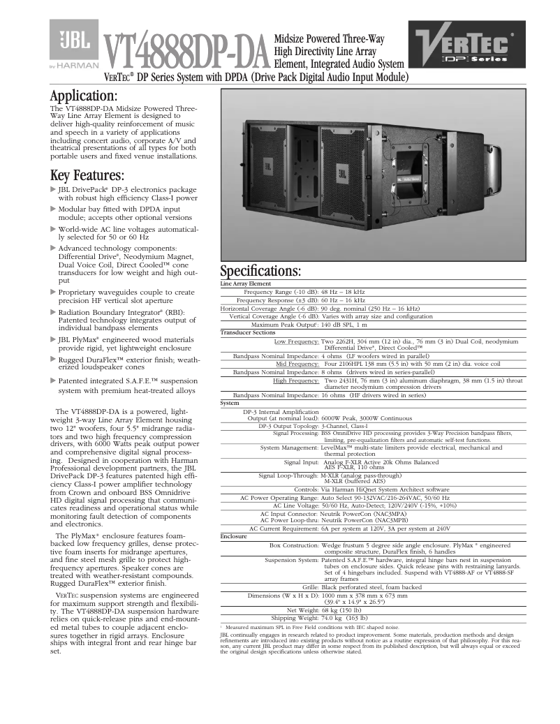 Page 1 de la notice Fiche technique JBL VT4888DP-DA