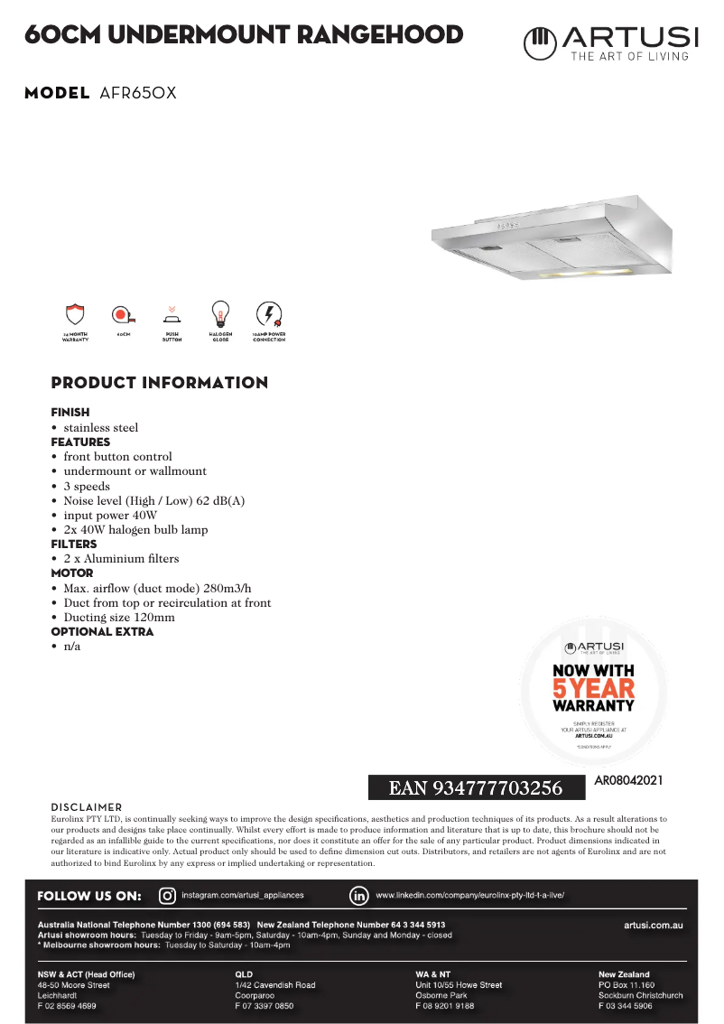 Page 1 de la notice Fiche technique Artusi AFR650X