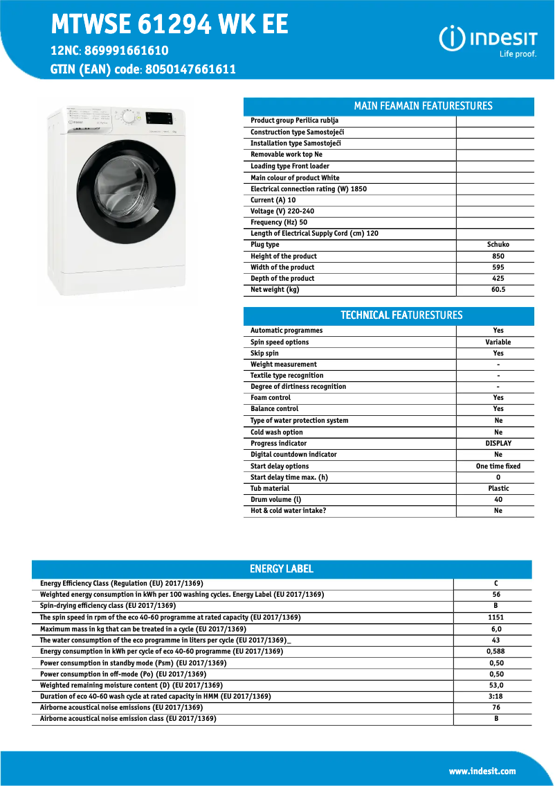 Page n°1 - Fiche technique Indesit MTWSE 61294 WK EE
