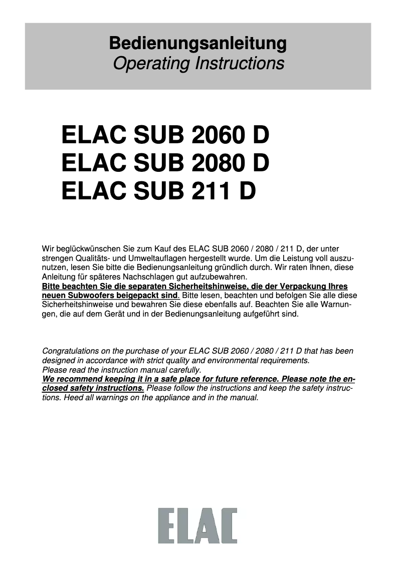 Page n°1 - Manuel utilisateur ELAC SUB 211D