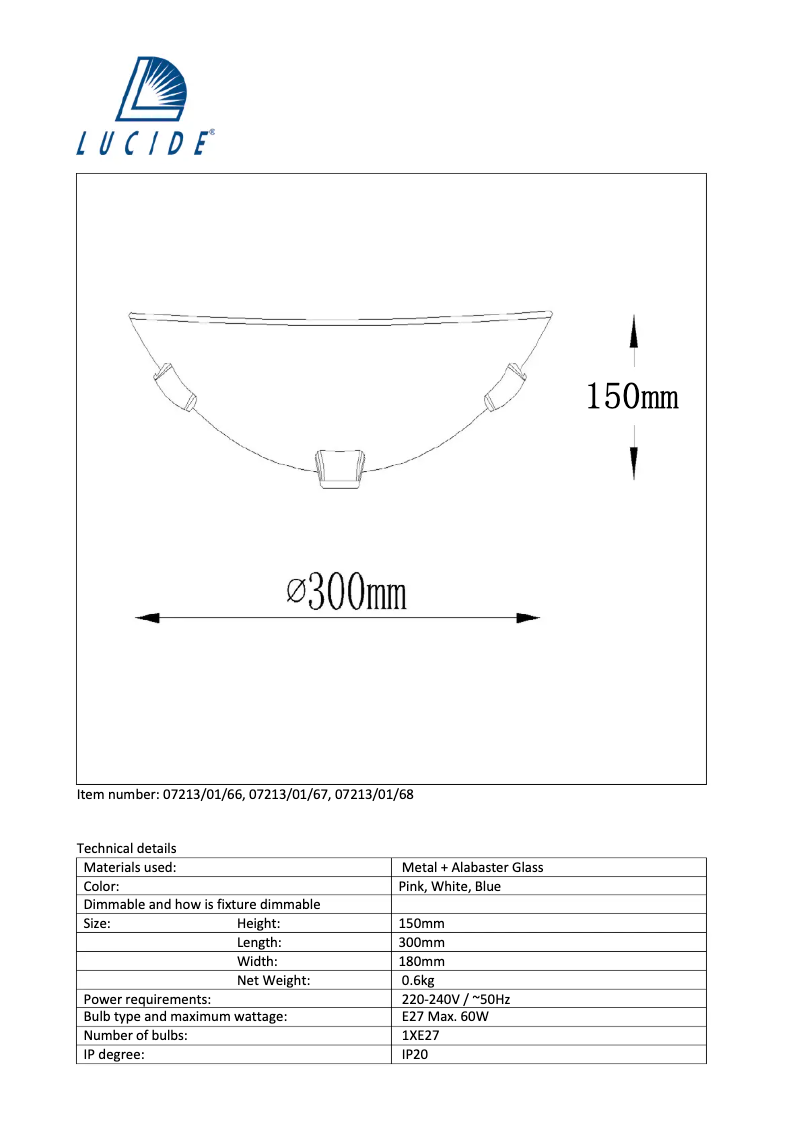 Page 1 de la notice Manuel utilisateur Lucide Albastro 07213/01/67