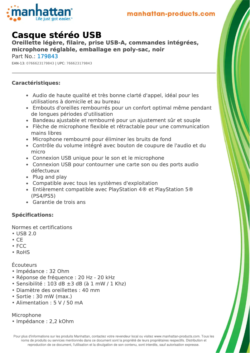 Page n°1 - Fiche technique Manhattan Stereo USB Headset 179843