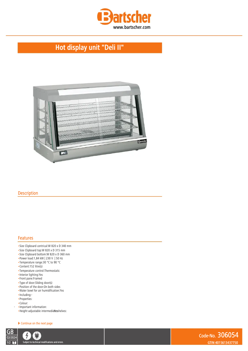 Page n°1 - Fiche technique Bartscher Deli 306054