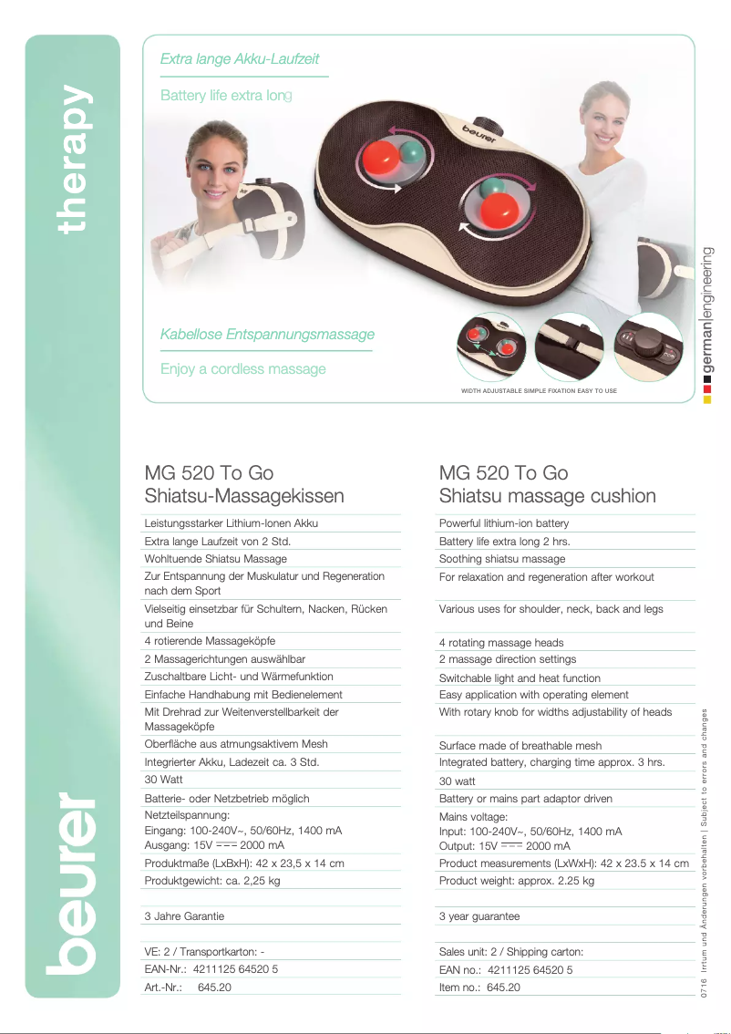 Page 1 de la notice Fiche technique Beurer MG 520