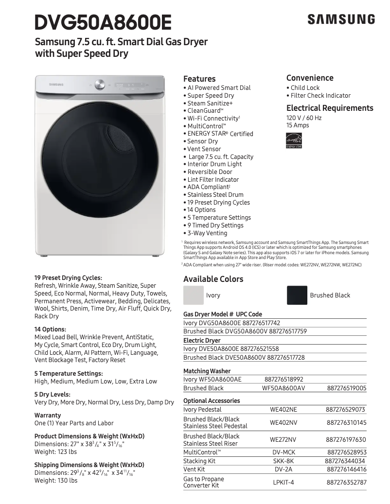 Page 1 de la notice Fiche technique Samsung DVG50A8600E
