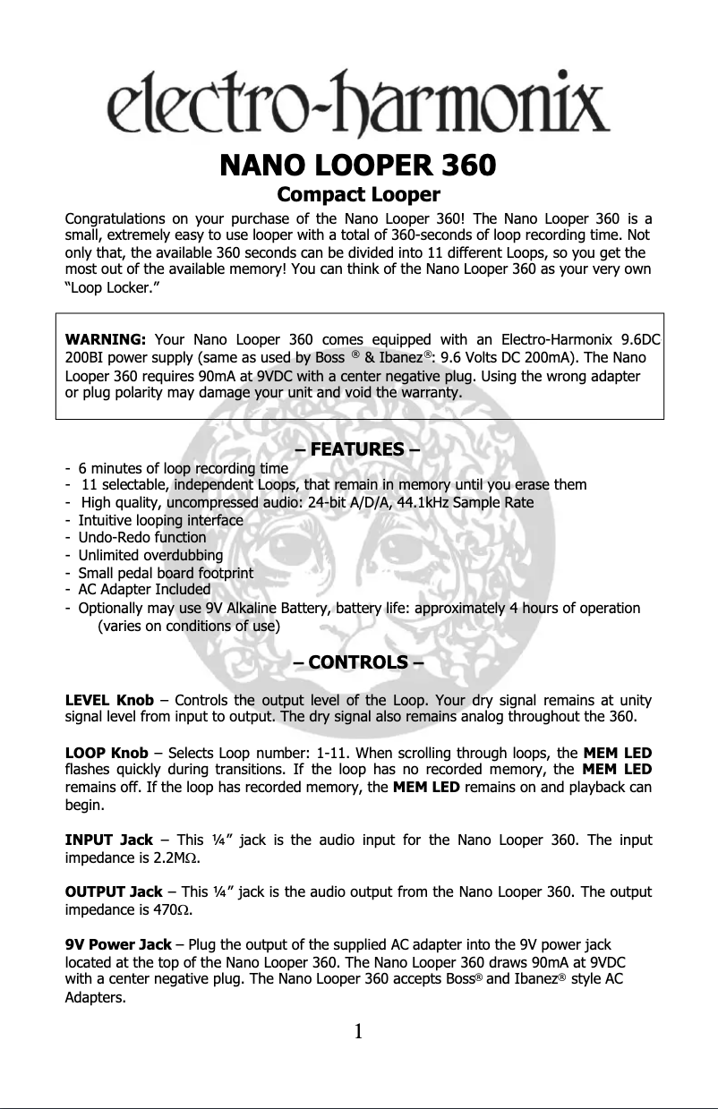 Page 1 de la notice Manuel utilisateur Electro Harmonix Nano Looper 360