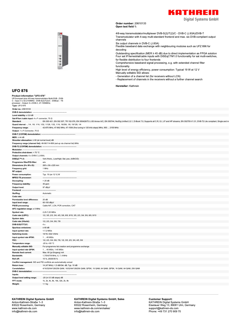 Page 1 de la notice Manuel utilisateur Kathrein UFO 876