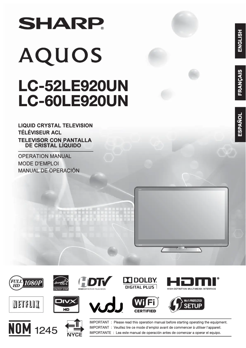 Image de la première page du manuel de l'appareil Aquos LC-60LE920UN