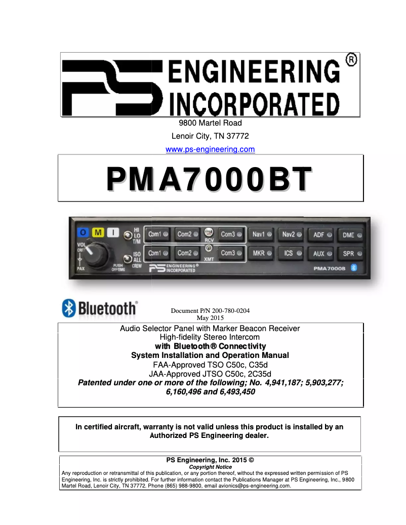 Page 1 de la notice Manuel utilisateur PS Engineering PMA7000BT