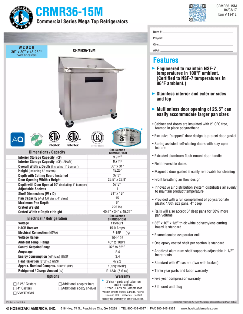 Page n°1 - Fiche technique Hoshizaki Commercial CRMR36