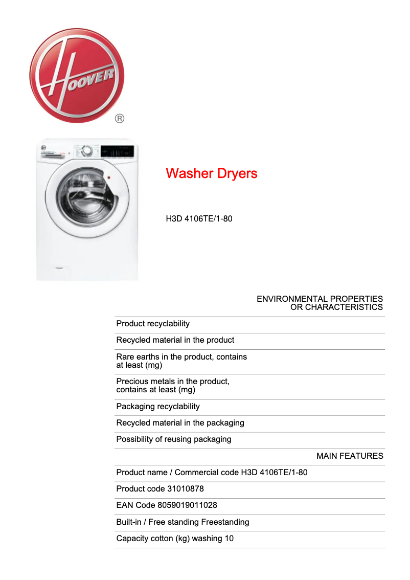 Page 1 de la notice Fiche technique Hoover H-WASH 300 LITE H3D 4106TE/1-80