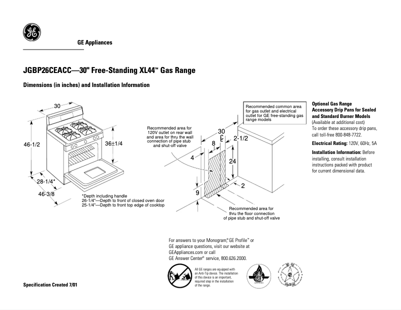 Page n°1 - Fiche technique GE JGBP26CEACC