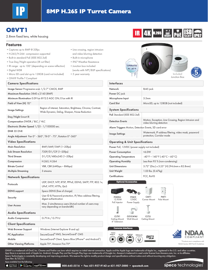 Página 1 del manual Ficha técnica Speco Technologies O8VT1