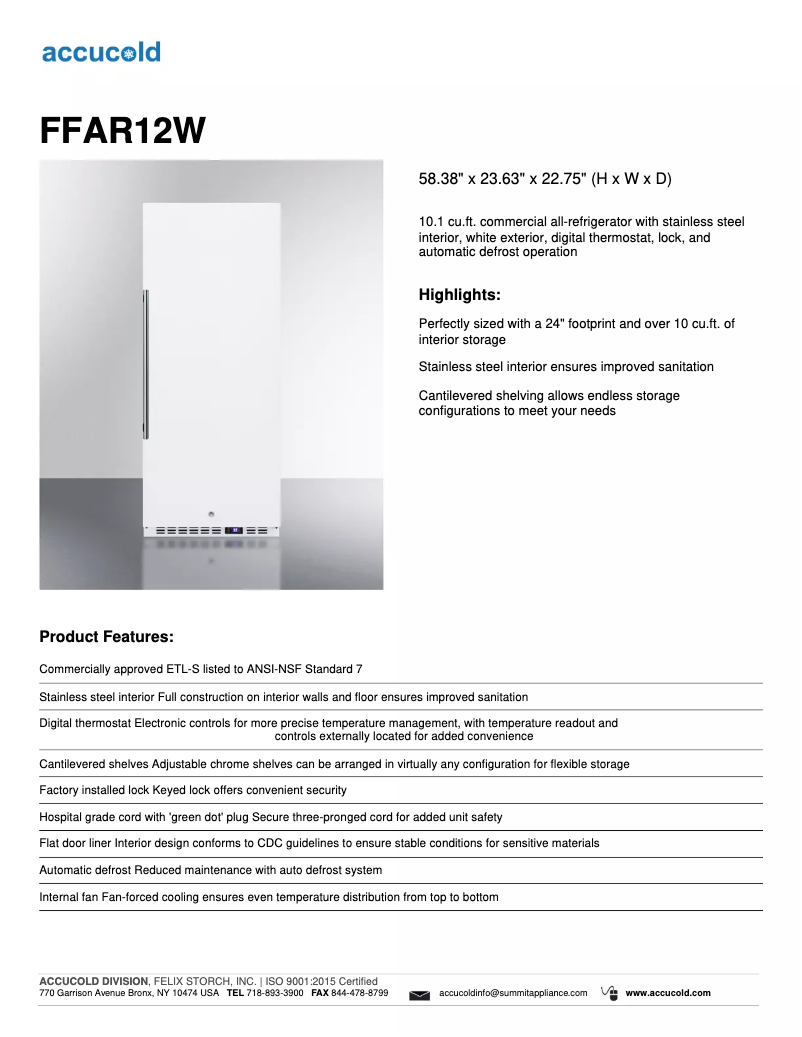 Page 1 de la notice Fiche technique Summit Accucold FFAR12W
