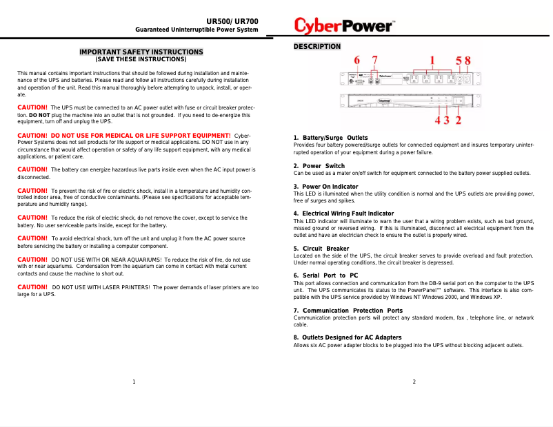 Page n°1 - Manuel utilisateur CyberPower UR700RM1U