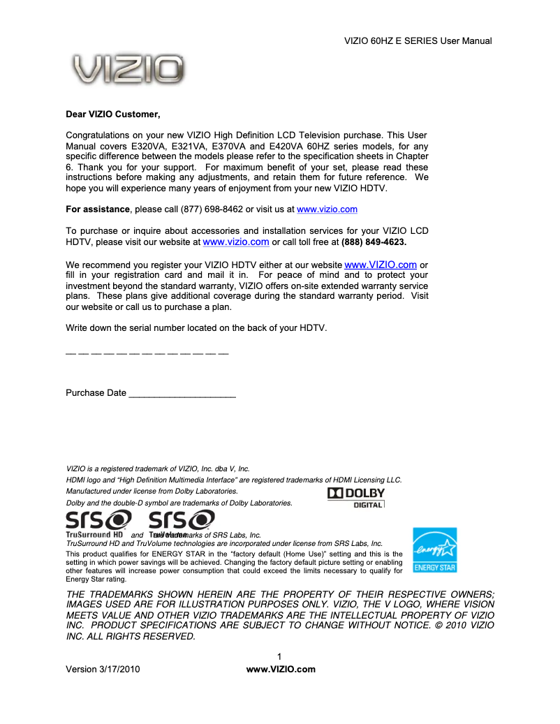 Page n°1 - Manuel utilisateur VIZIO E420VA