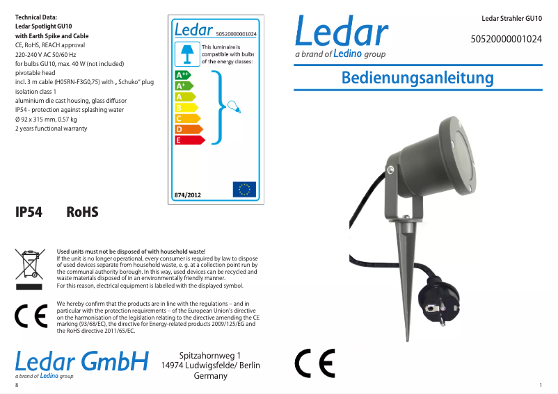 Page 1 de la notice Manuel utilisateur Ledar GU10