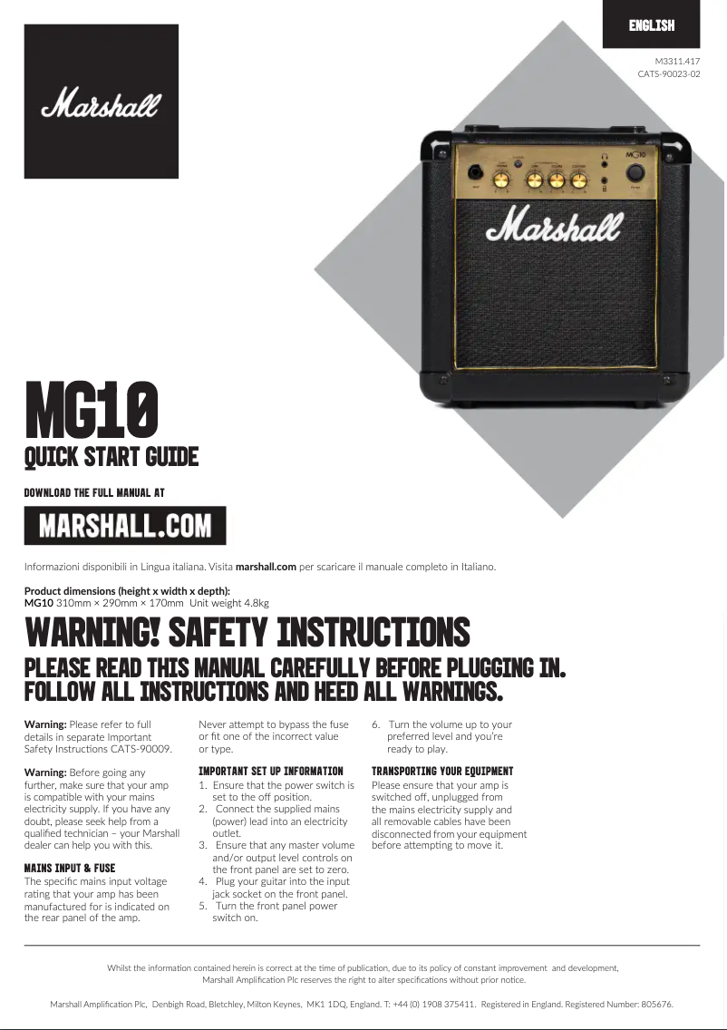 Page 1 de la notice Manuel utilisateur Marshall MG10