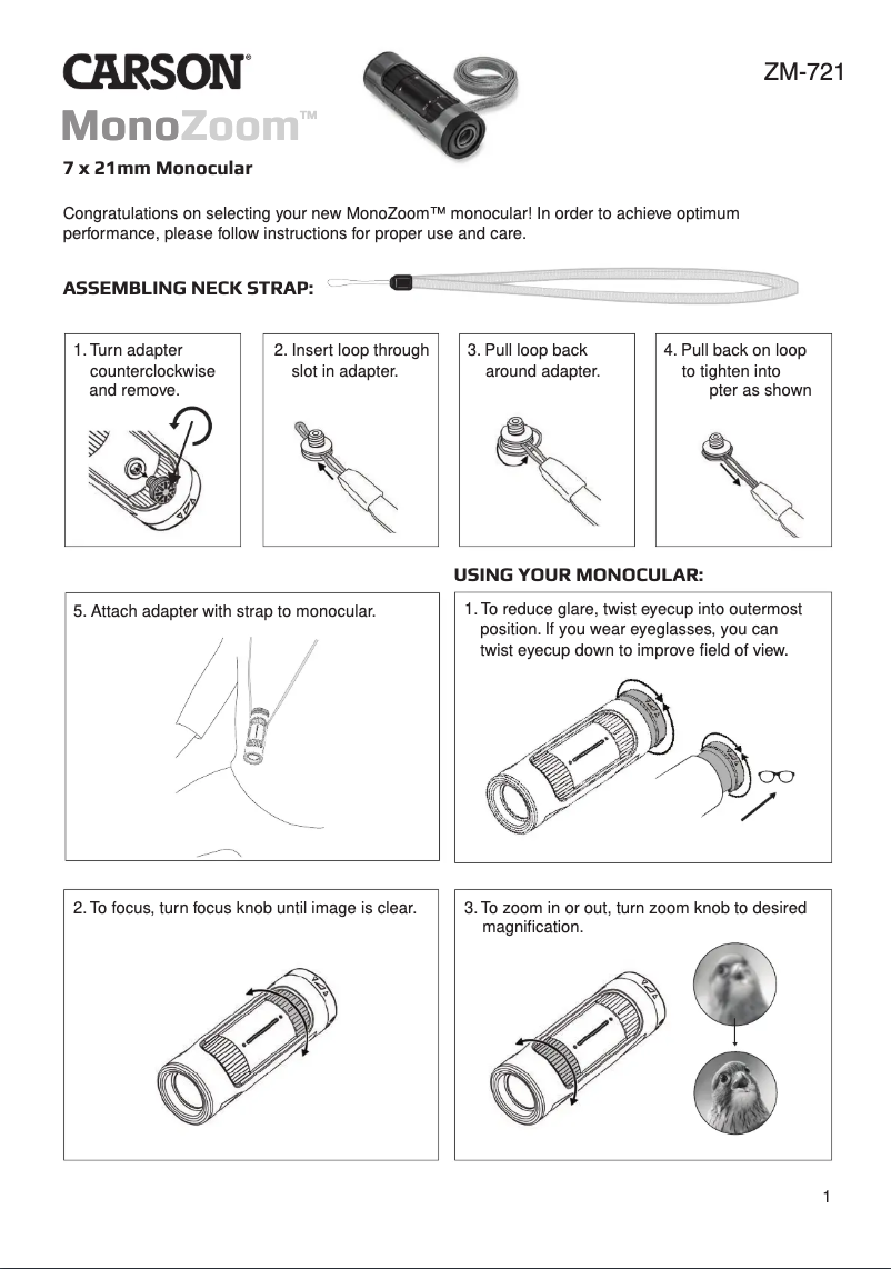 Page 1 de la notice Manuel utilisateur Carson MonoZoom ZM-721