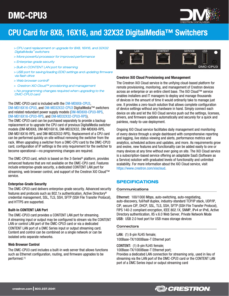 Página 1 del manual Ficha técnica Crestron DMC-CPU3