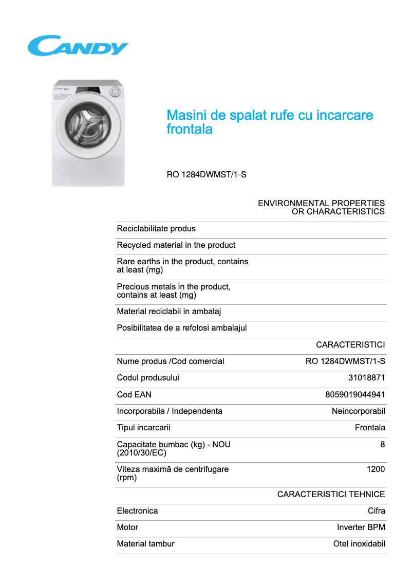 Page 1 de la notice Fiche technique Candy RO 1284DWMST/1-S