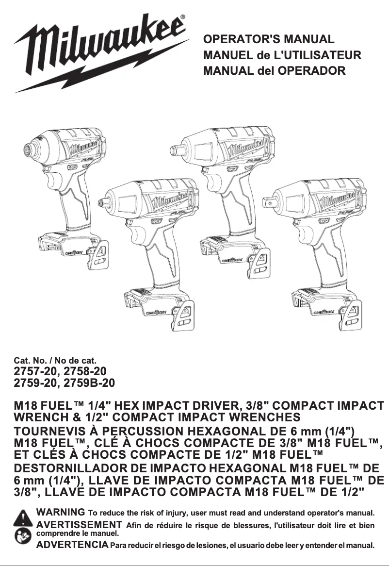 Page 1 de la notice Manuel utilisateur Milwaukee M18 Fuel ONE-KEY 2757-20