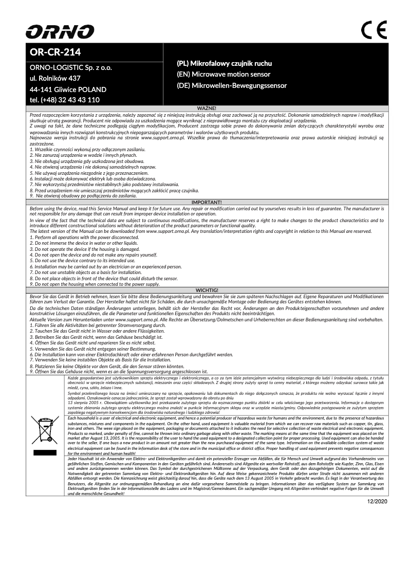 Page 1 de la notice Manuel utilisateur ORNO OR-CR-214