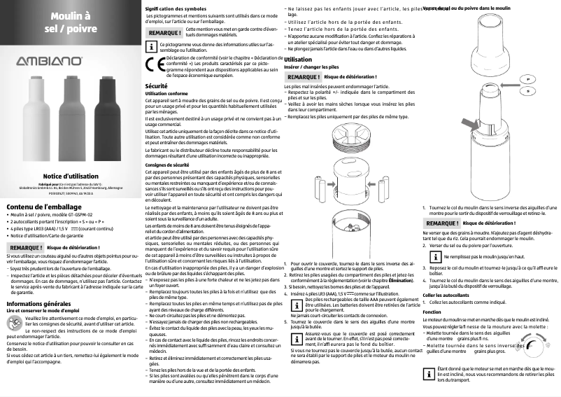Page 1 de la notice Manuel utilisateur Ambiano GT-GSPM-02